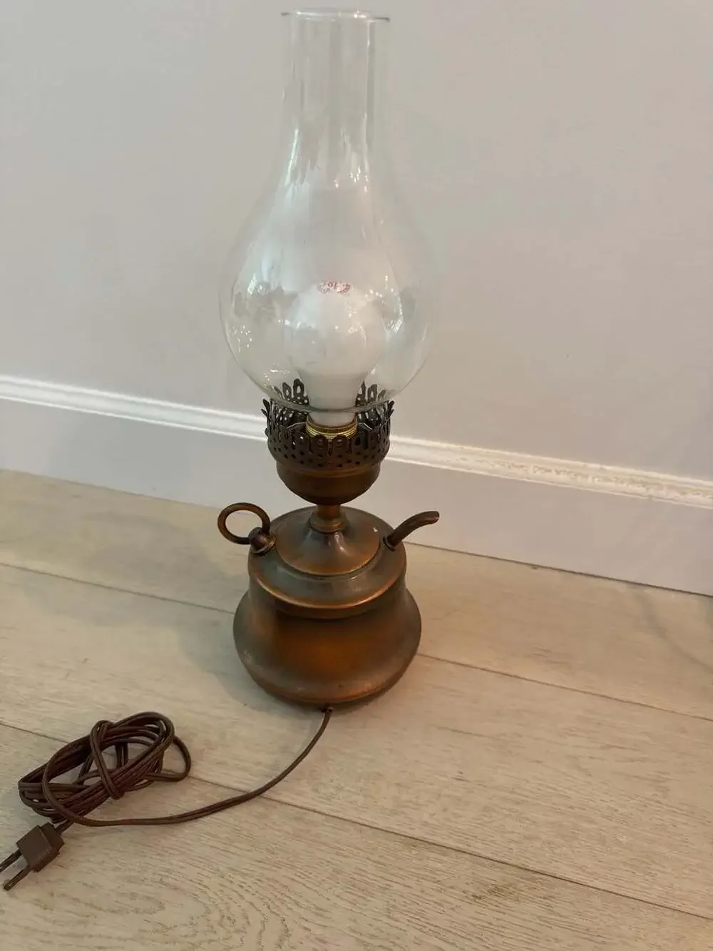 Vintage Copper Base Electric Oil Style Table Lamp with Glass Chimney